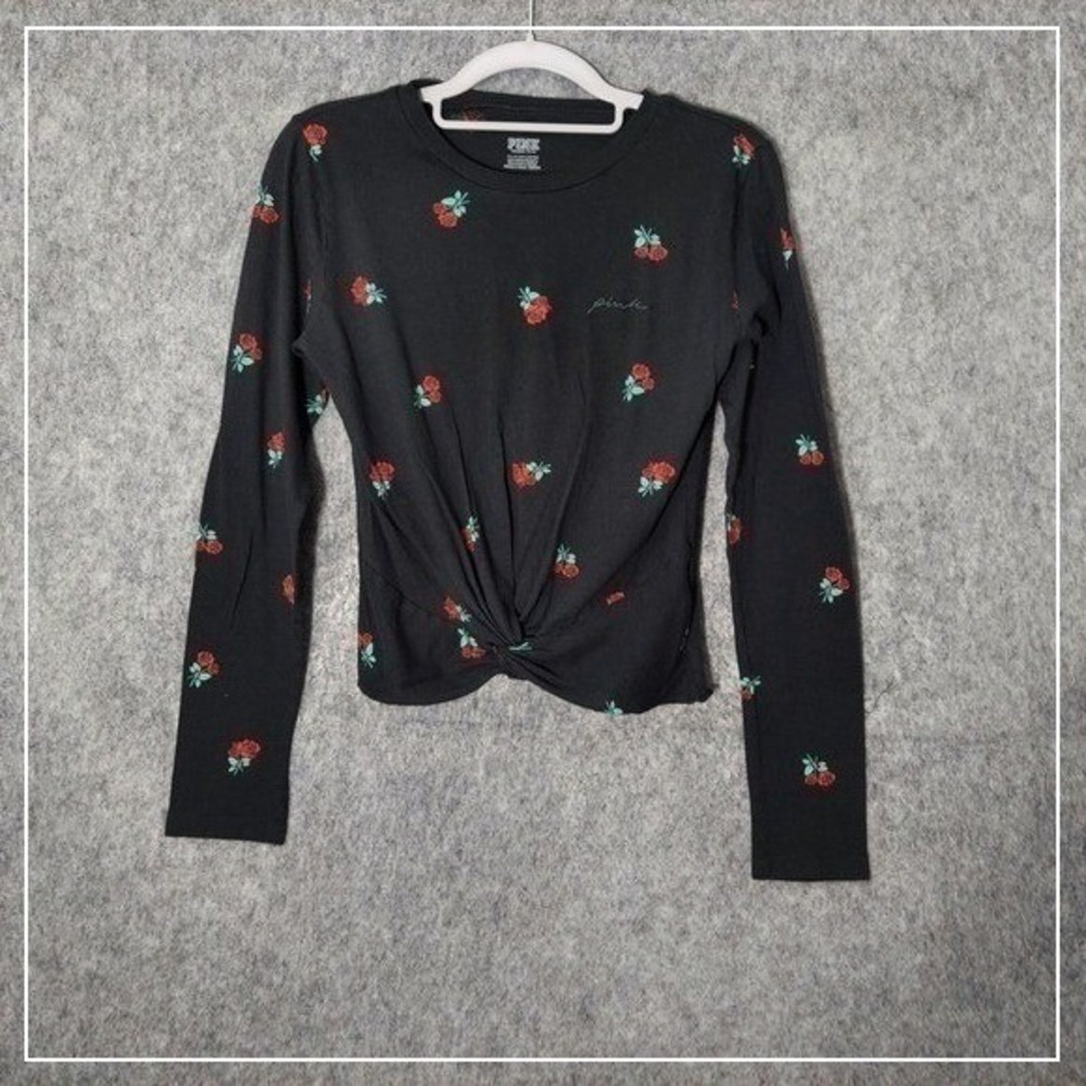 Victoria's Secret PINK Top Women XS Black Rose Embroidered Crop Knot Shirt